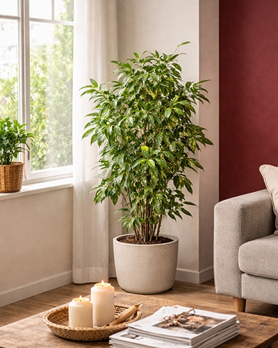 Dracaena surculosa en pot près d’une fenêtre, plante d’intérieur graphique au feuillage panaché.